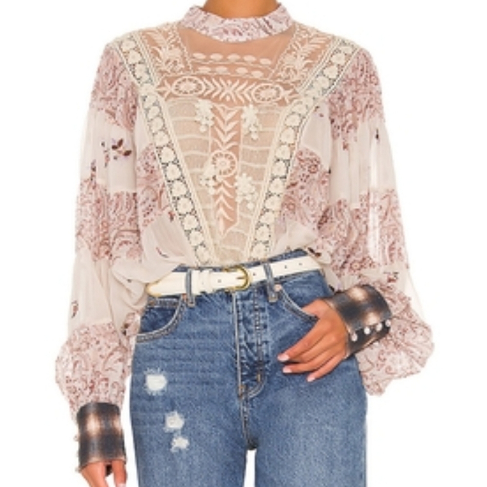 FREE PEOPLE Beige Sheer Lace FIONA Top